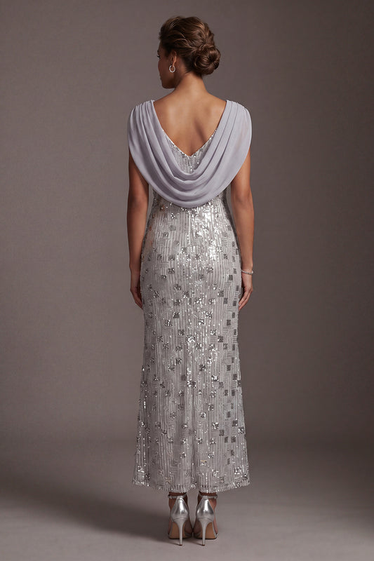 Sparkly Silver Mermaid Cowl Neck Sequins Long Mother of the Bride Dress