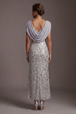 Sparkly Silver Mermaid Cowl Neck Sequins Long Mother of the Bride Dress