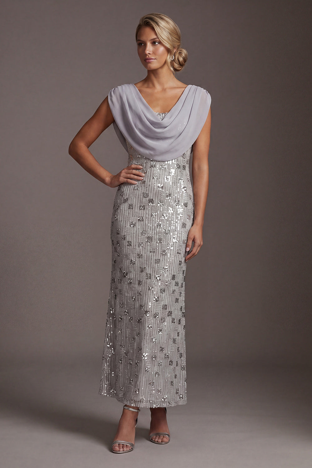 Sparkly Silver Mermaid Cowl Neck Sequins Long Mother of the Bride Dress