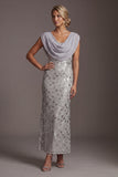 Sparkly Silver Mermaid Cowl Neck Sequins Long Mother of the Bride Dress