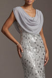 Sparkly Silver Mermaid Cowl Neck Sequins Long Mother of the Bride Dress