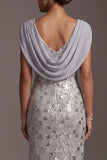Sparkly Silver Mermaid Cowl Neck Sequins Long Mother of the Bride Dress
