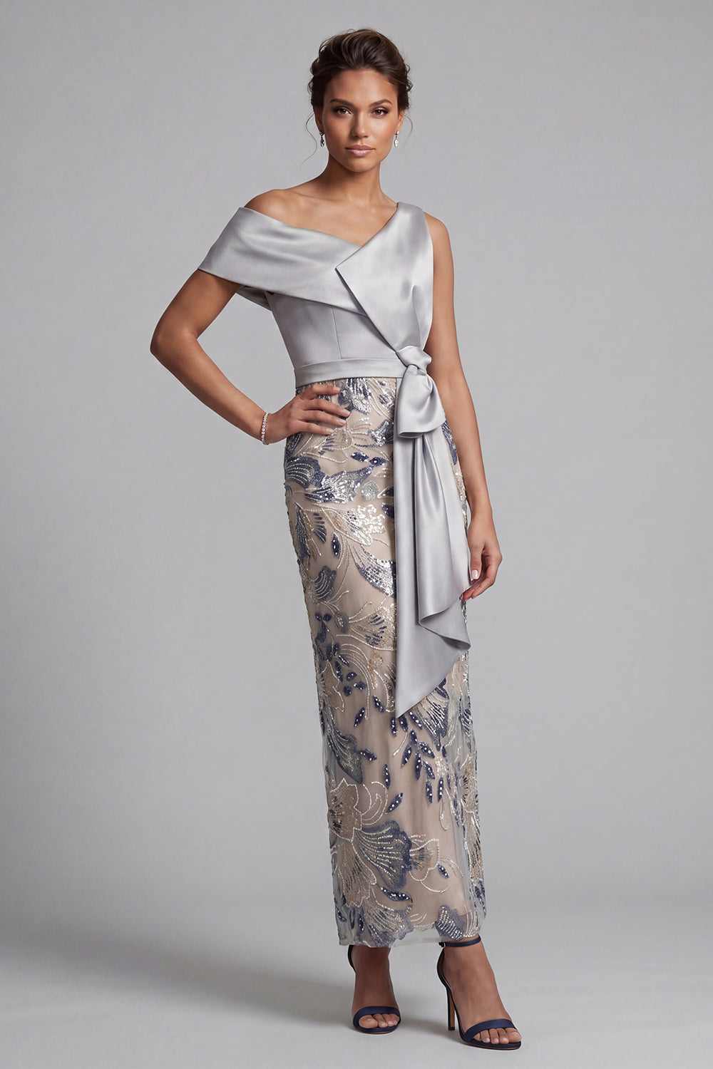 Silver Floral Beaded Sheath Long Mother of the Bride Dress with Sash