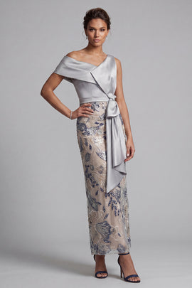 Silver Floral Beaded Sheath Long Mother of the Bride Dress with Sash