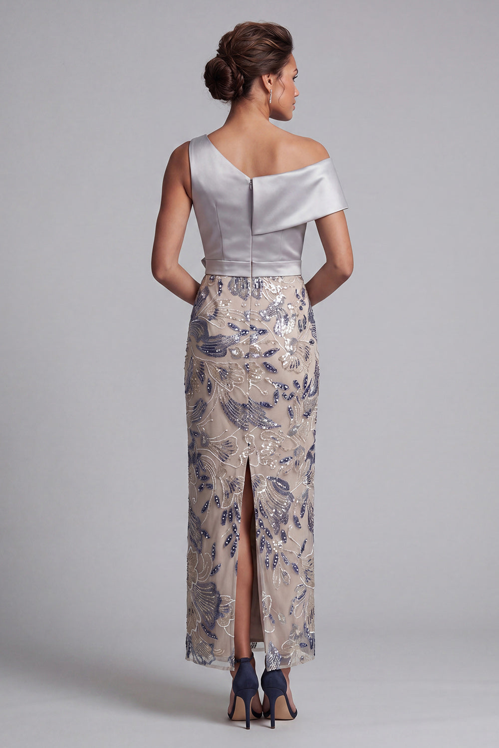 Silver Floral Beaded Sheath Long Mother of the Bride Dress with Sash