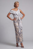 Silver Floral Beaded Sheath Long Mother of the Bride Dress with Sash