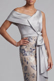 Silver Floral Beaded Sheath Long Mother of the Bride Dress with Sash