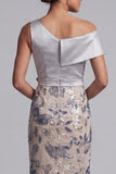 Silver Floral Beaded Sheath Long Mother of the Bride Dress with Sash