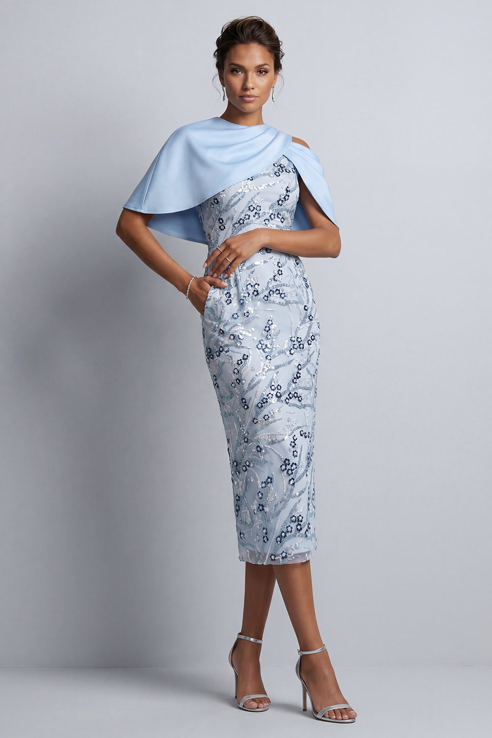 Sky Blue Sheath Round Neck Floral Midi Mother of the Bride Dress with Pocket
