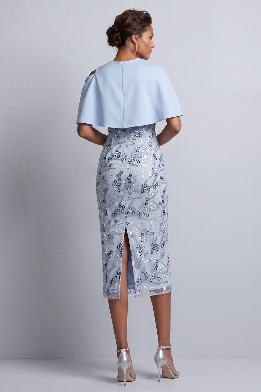 Sky Blue Sheath Round Neck Floral Midi Mother of the Bride Dress with Pocket