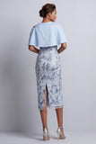 Sky Blue Sheath Round Neck Floral Midi Mother of the Bride Dress with Pocket