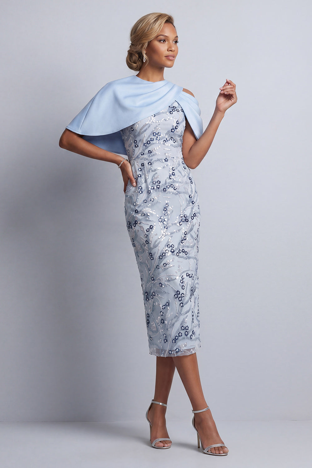 Sky Blue Sheath Round Neck Floral Midi Mother of the Bride Dress with Pocket