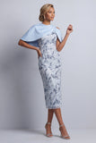 Sky Blue Sheath Round Neck Floral Midi Mother of the Bride Dress with Pocket