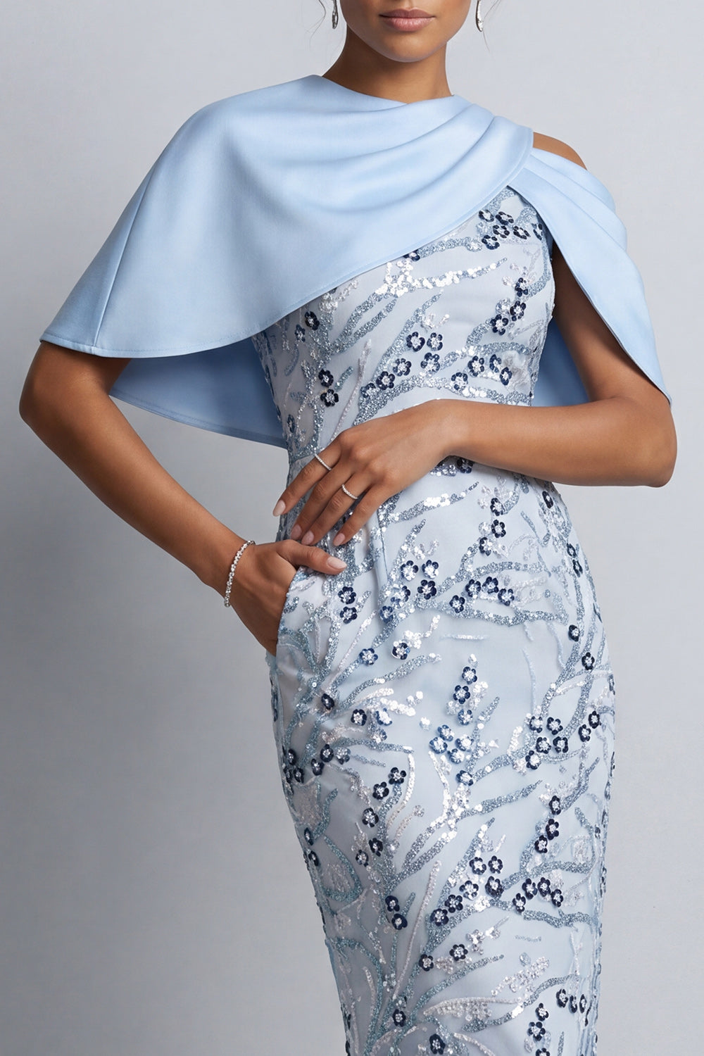Sky Blue Sheath Round Neck Floral Midi Mother of the Bride Dress with Pocket