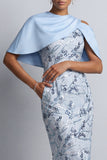Sky Blue Sheath Round Neck Floral Midi Mother of the Bride Dress with Pocket