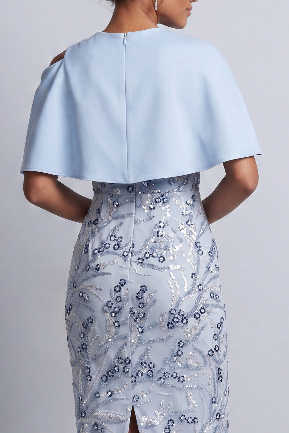 Sky Blue Sheath Round Neck Floral Midi Mother of the Bride Dress with Pocket