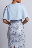 Sky Blue Sheath Round Neck Floral Midi Mother of the Bride Dress with Pocket