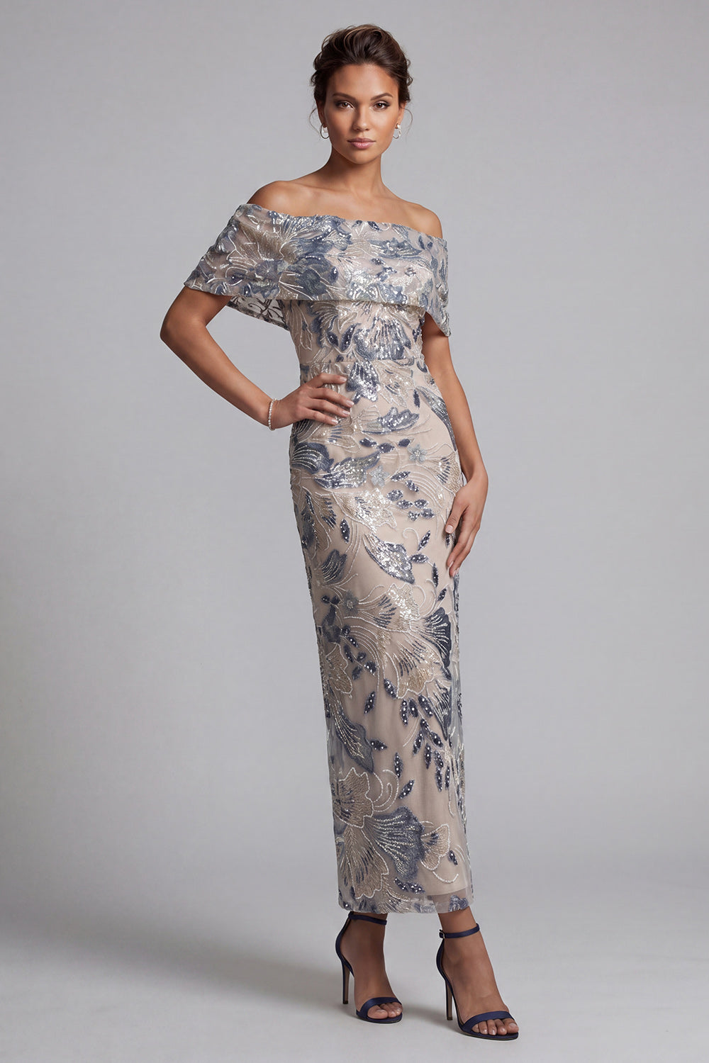 Navy Floral Sheath Off the Shoulder Maxi Mother of the Bride Dress