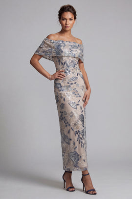 Navy Floral Sheath Off the Shoulder Maxi Mother of the Bride Dress