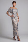 Navy Floral Sheath Off the Shoulder Maxi Mother of the Bride Dress
