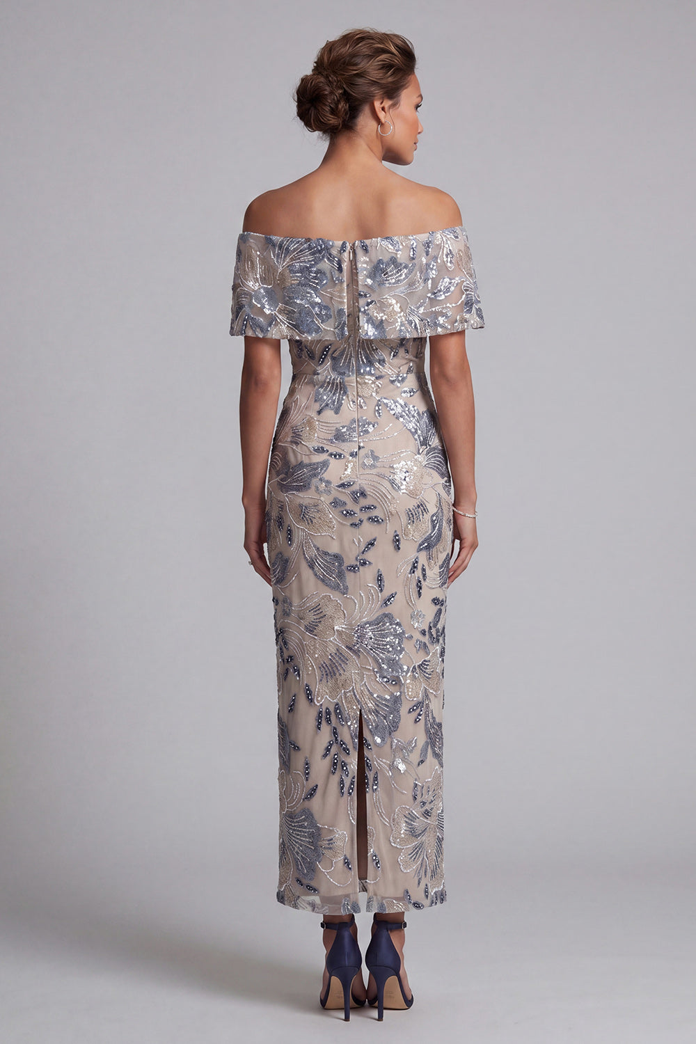 Navy Floral Sheath Off the Shoulder Maxi Mother of the Bride Dress