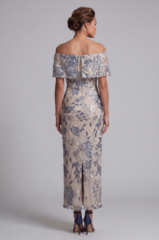 Navy Floral Sheath Off the Shoulder Maxi Mother of the Bride Dress