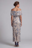 Navy Floral Sheath Off the Shoulder Maxi Mother of the Bride Dress