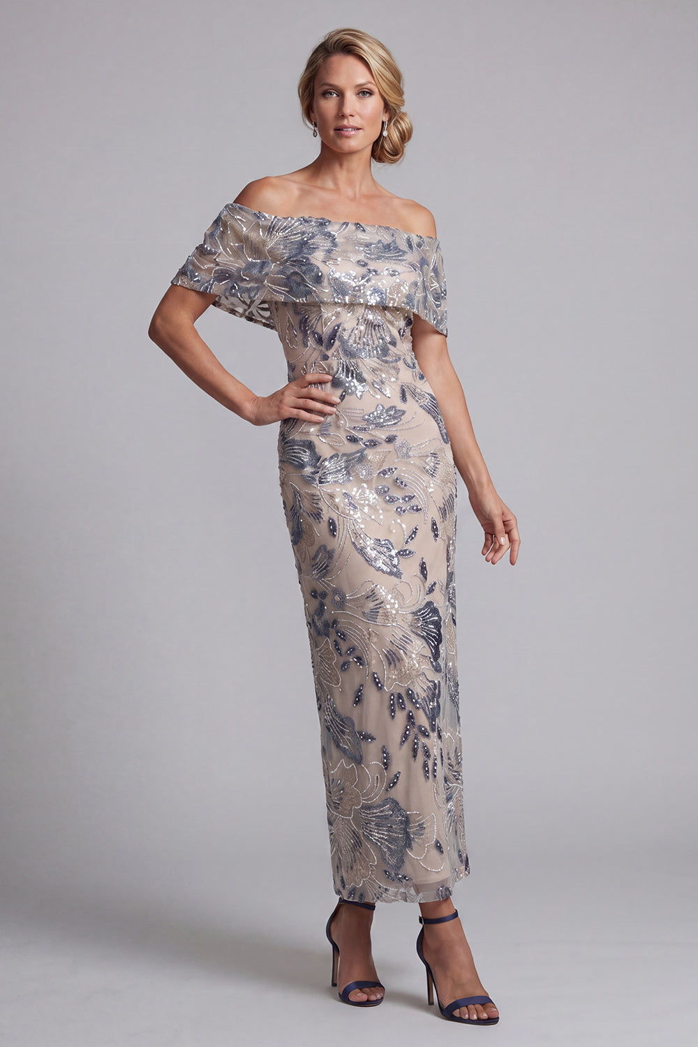 Zapakasa Women Navy Sequins Floral Long Mother of the Bride Dress Sheath Off the Shoulder Mother of the Groom Dress with Back Slit