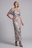 Navy Floral Sheath Off the Shoulder Maxi Mother of the Bride Dress