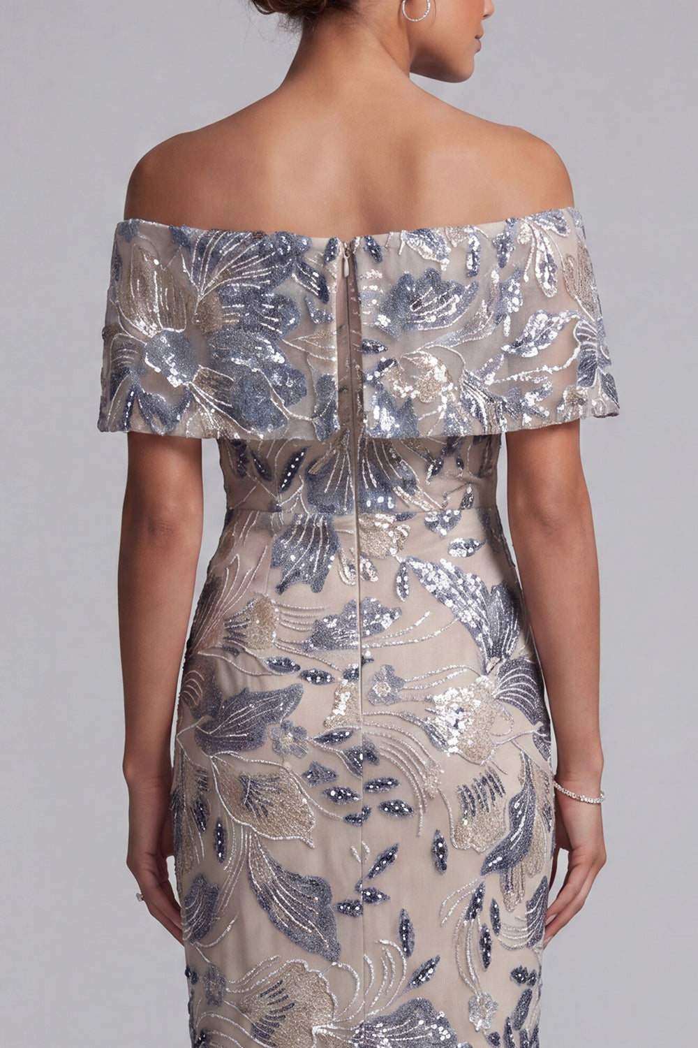 Navy Floral Sheath Off the Shoulder Maxi Mother of the Bride Dress