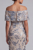 Navy Floral Sheath Off the Shoulder Maxi Mother of the Bride Dress