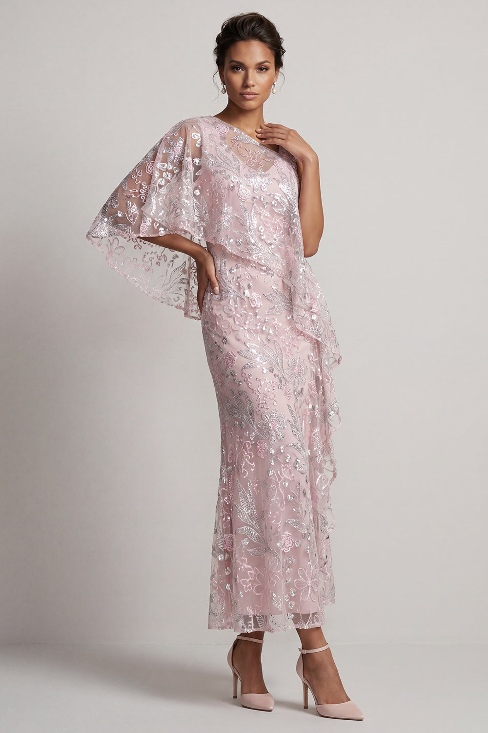 Pink Floral Sheath Asymmetrical Neck Maxi Mother of the Bride Dress