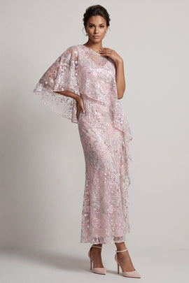 Pink Floral Sheath Asymmetrical Neck Maxi Mother of the Bride Dress