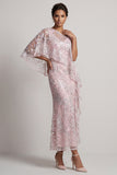 Pink Floral Sheath Asymmetrical Neck Maxi Mother of the Bride Dress