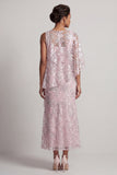 Pink Floral Sheath Asymmetrical Neck Maxi Mother of the Bride Dress