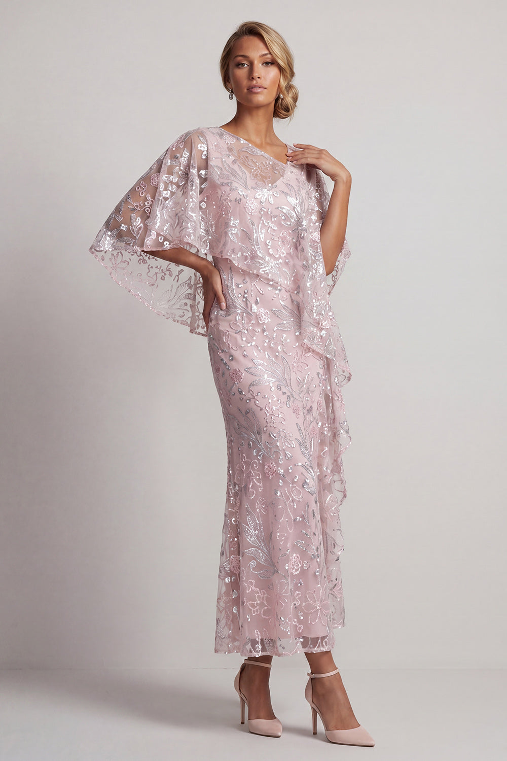 Pink Floral Sheath Asymmetrical Neck Maxi Mother of the Bride Dress