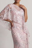 Pink Floral Sheath Asymmetrical Neck Maxi Mother of the Bride Dress