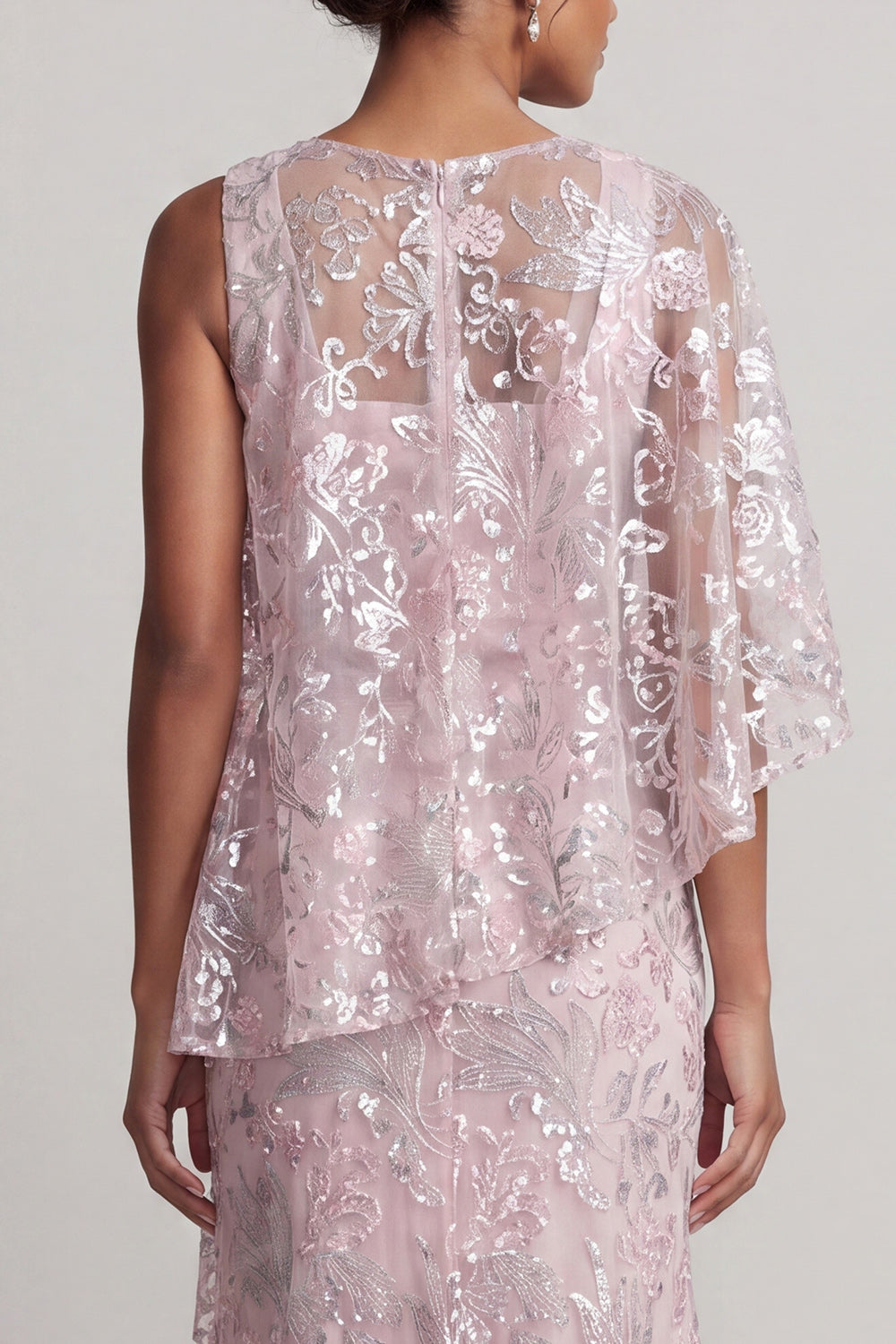 Pink Floral Sheath Asymmetrical Neck Maxi Mother of the Bride Dress