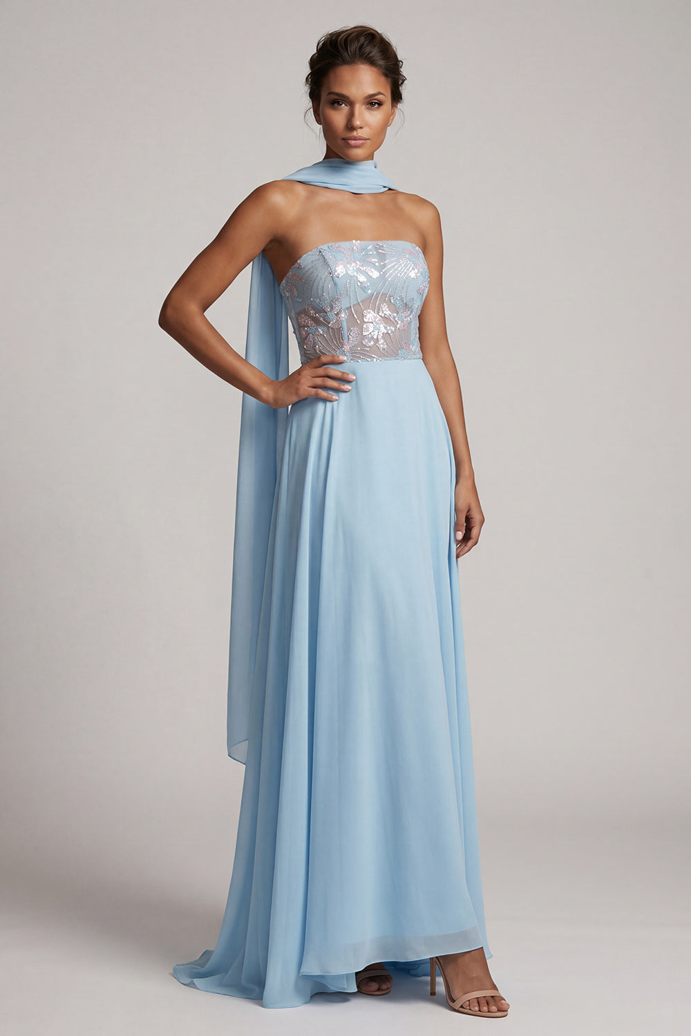Sky Blue Corset A-Line Chiffon Long Floral Mother of the Bride Dress