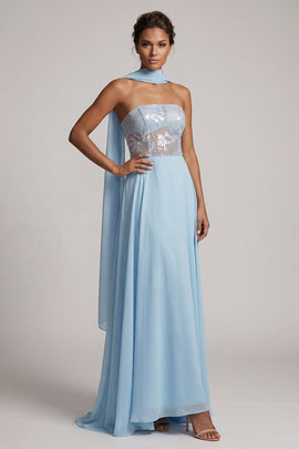 Sky Blue Corset A-Line Chiffon Long Floral Mother of the Bride Dress