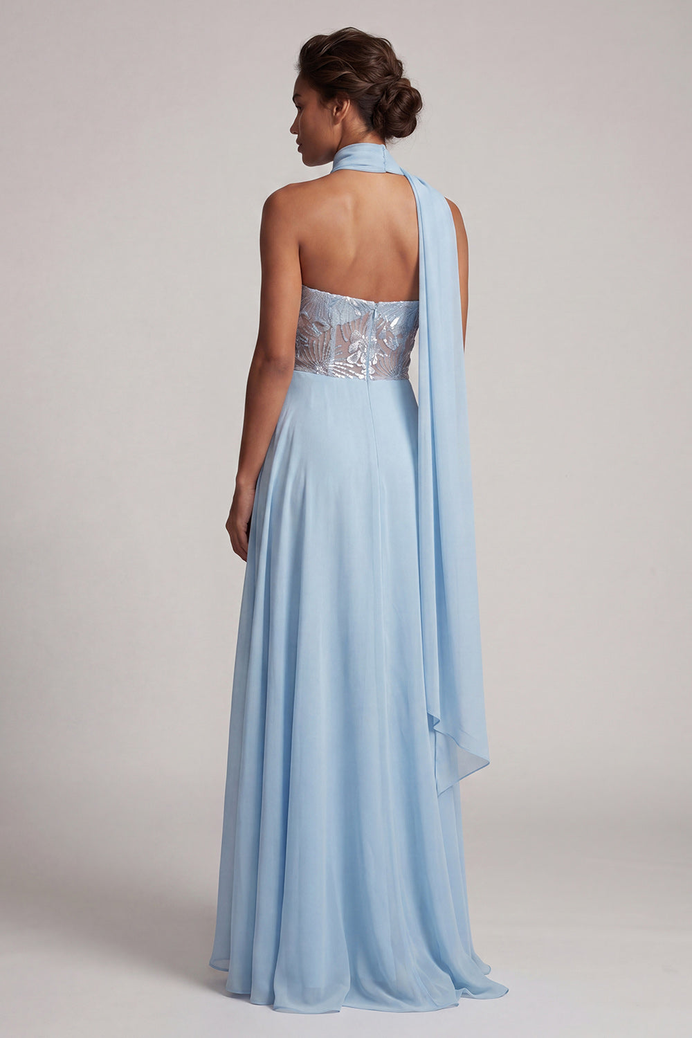 Zapakasa Women Sky Blue Chiffon Long Floral Mother of the Bride Dress with Neck Scarf Corset A-Line Strapless Sequin Beaded Mother of the Groom Dress