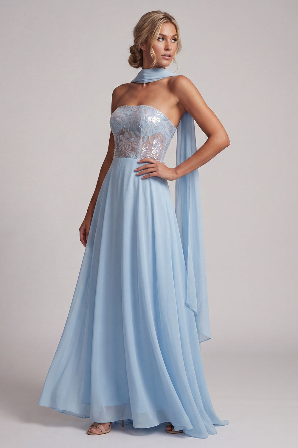 Sky Blue Corset A-Line Chiffon Long Floral Mother of the Bride Dress
