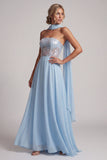 Sky Blue Corset A-Line Chiffon Long Floral Mother of the Bride Dress