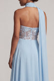 Sky Blue Corset A-Line Chiffon Long Floral Mother of the Bride Dress