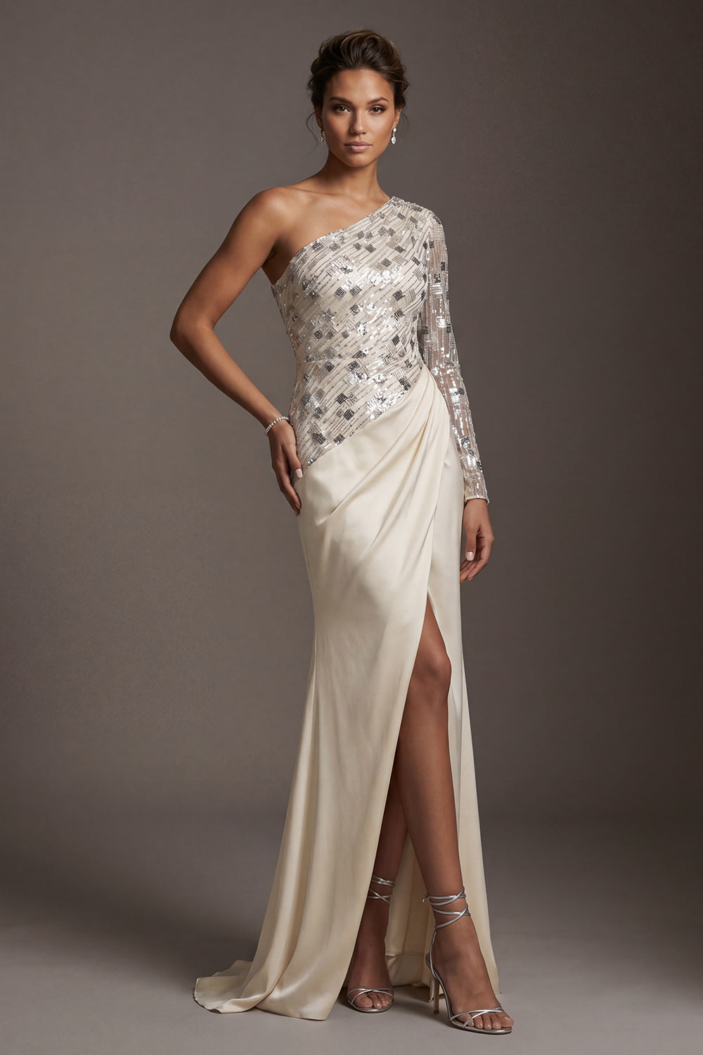 Champagne Sequin One Shoulder Mermaid Ruched Long Sleeves Mother of the Bride Dress