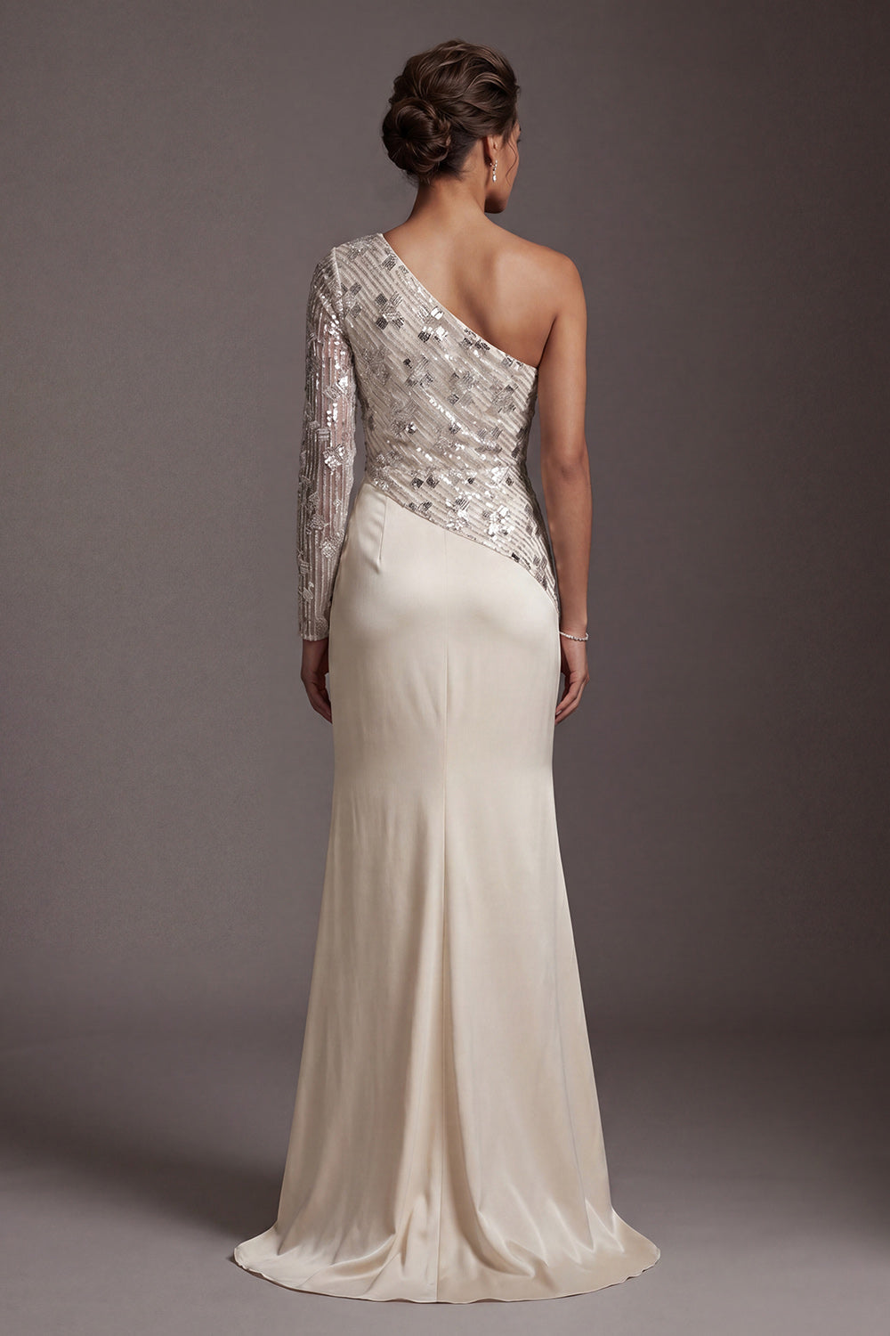 Champagne Sequin One Shoulder Mermaid Ruched Long Sleeves Mother of the Bride Dress