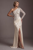 Champagne Sequin One Shoulder Mermaid Ruched Long Sleeves Mother of the Bride Dress