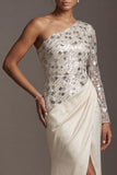 Champagne Sequin One Shoulder Mermaid Ruched Long Sleeves Mother of the Bride Dress