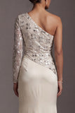 Champagne Sequin One Shoulder Mermaid Ruched Long Sleeves Mother of the Bride Dress