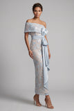 Dusty Blue Sheath One Shoulder Floral Long Mother of the Bride Dress with Bow